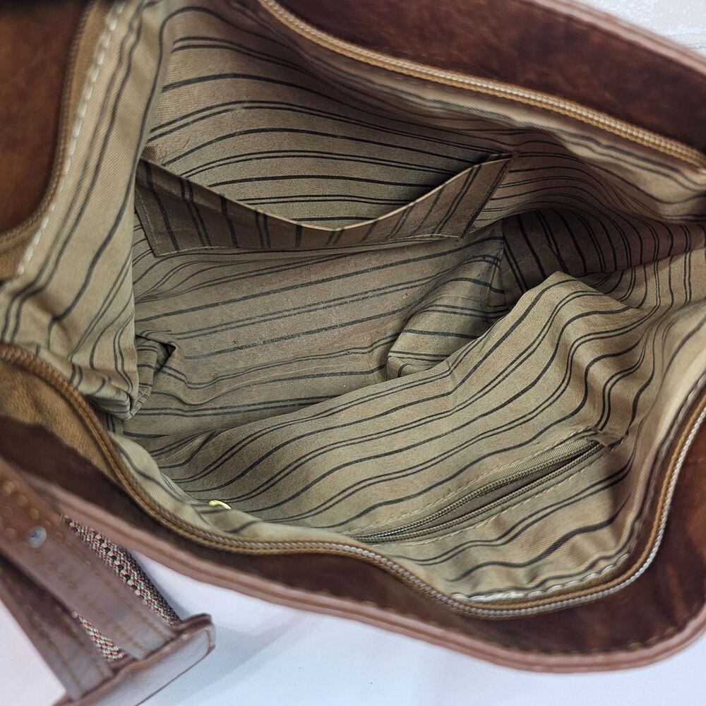 Vintage Brown Faux Leather Crossbody Bag Boho Western Wide Strap Purse - Picture 9 of 12